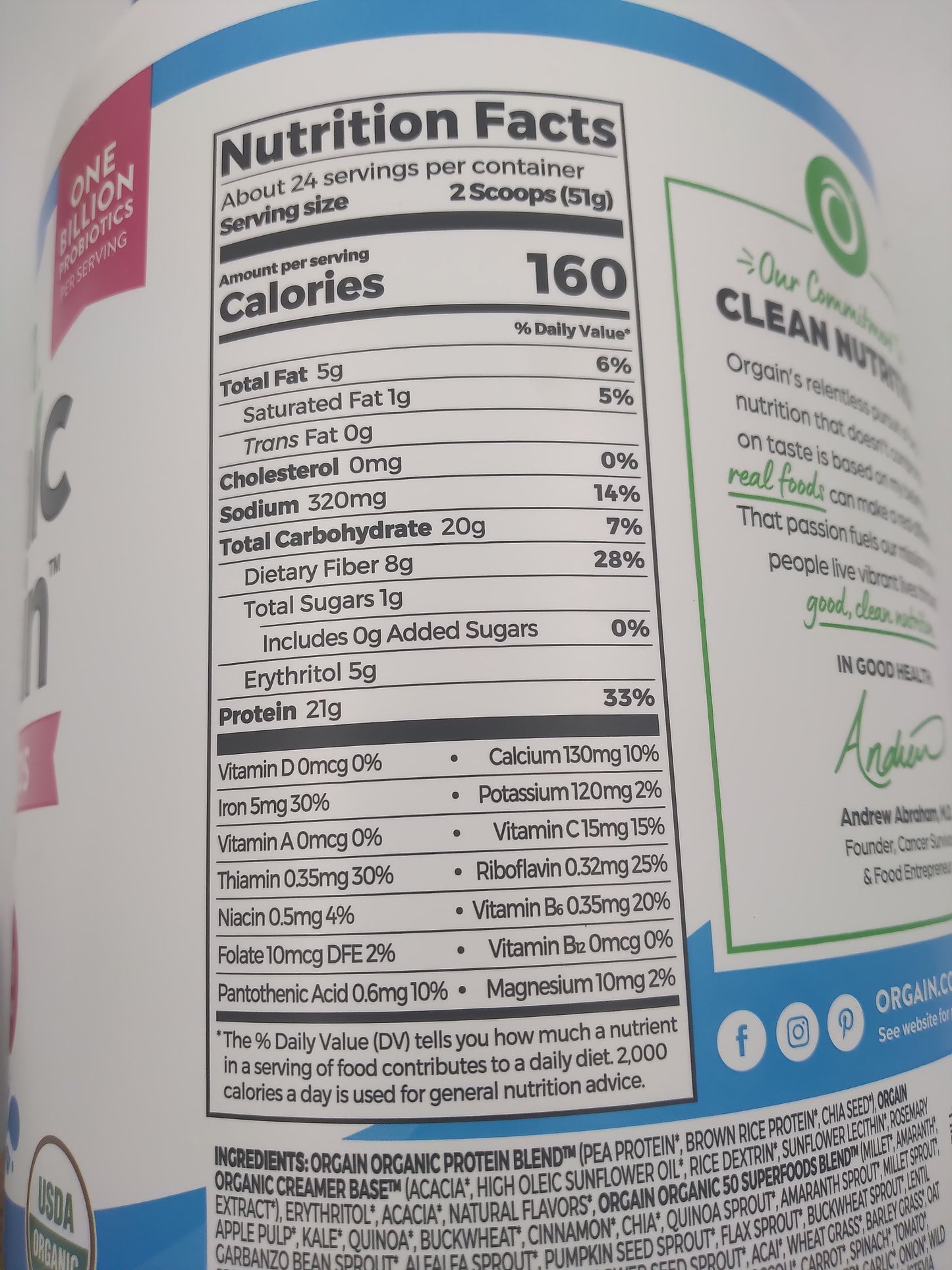 Orgain ORGANIC Plant-based Protein Powder with 50 superfoods Vanilla Bean Flavor 1.22kg