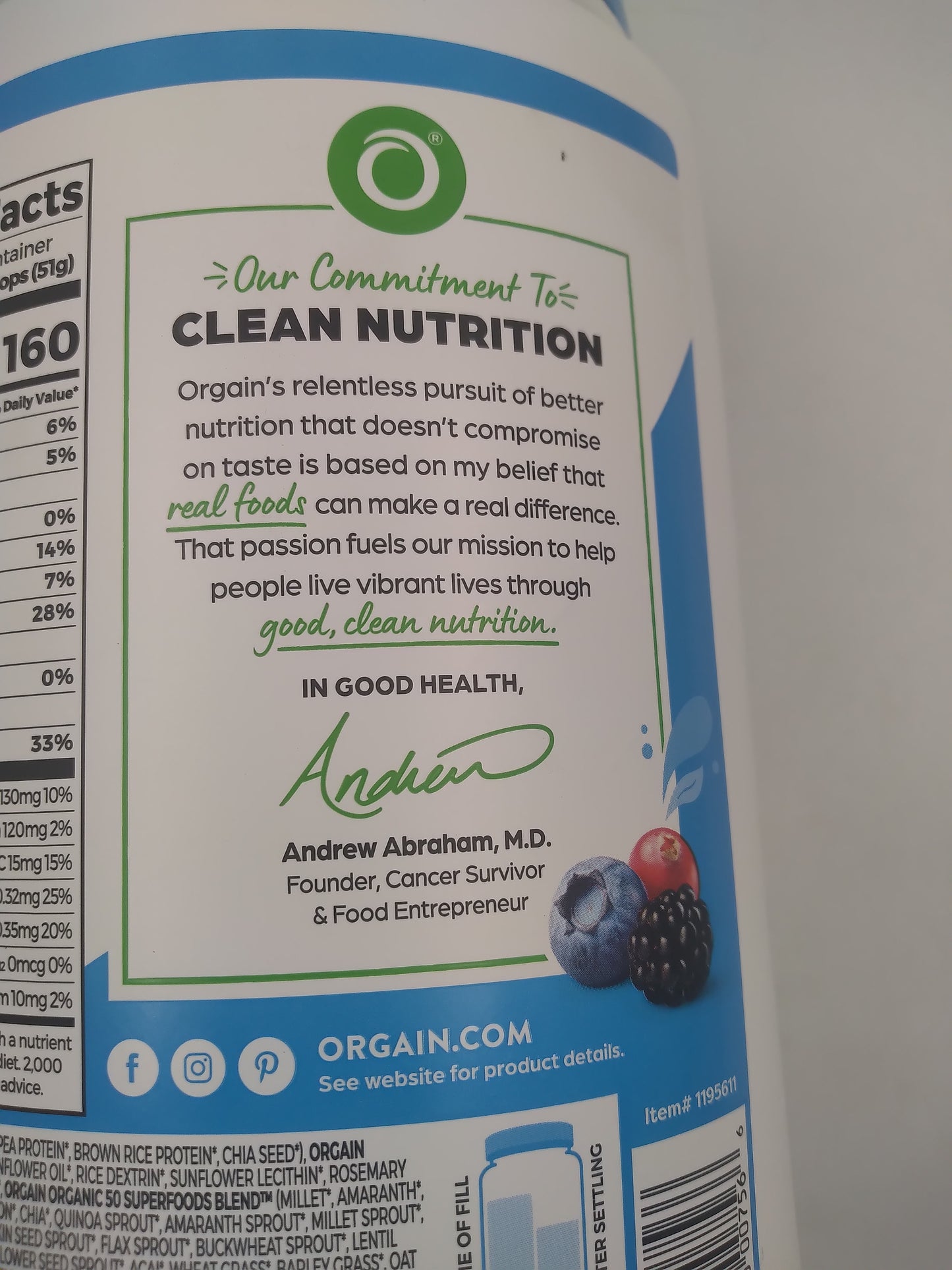 Orgain ORGANIC Plant-based Protein Powder with 50 superfoods Vanilla Bean Flavor 1.22kg