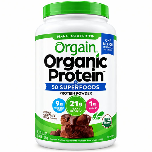 Orgain USDA Organic Plant Protein Powder + Probiotics, Creamy Chocolate Fudge, 2.74lbs (1.24kgs)
